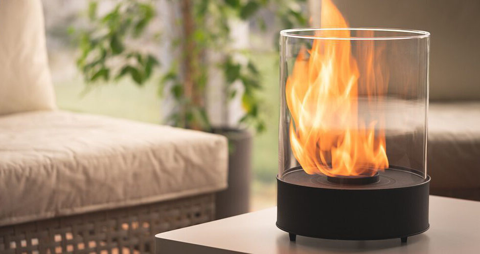 PLANIKA Chantico Glassfire TableTop Ethanol Fireplace Dia25 H36cm Indoor/Outdoor with black steel base